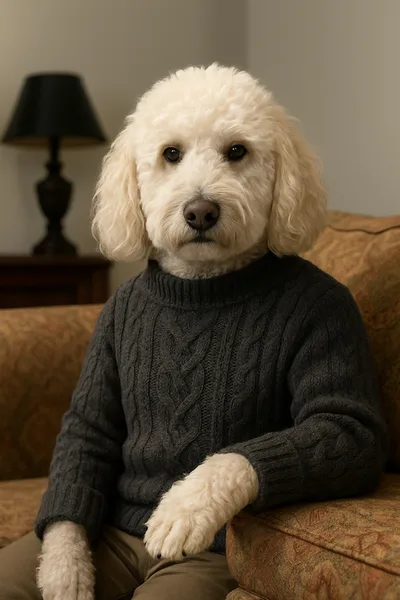 Digital portrait of Waffles--a golden doodle.