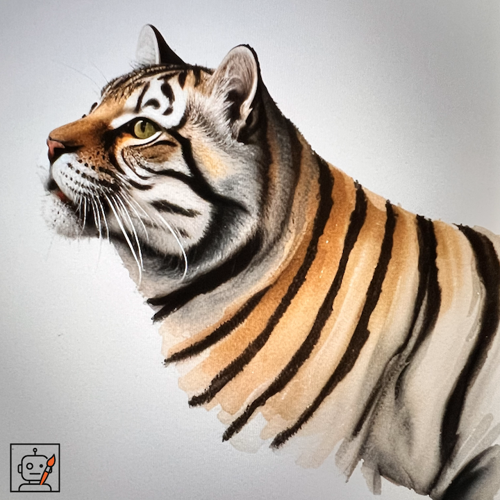 Watercolor painting of a cat-tiger hybrid in profile, with vivid stripes and golden eyes.
