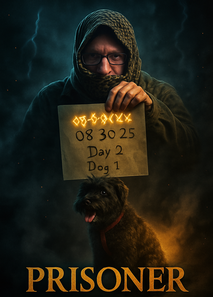 A fictional thriller poster titled PRISONER: Rob wears glasses and a shemagh, holding a sign reading "08 30 25 / Day 2 / Dog 1" above a small black dog, against dramatic blue and gold lighting.