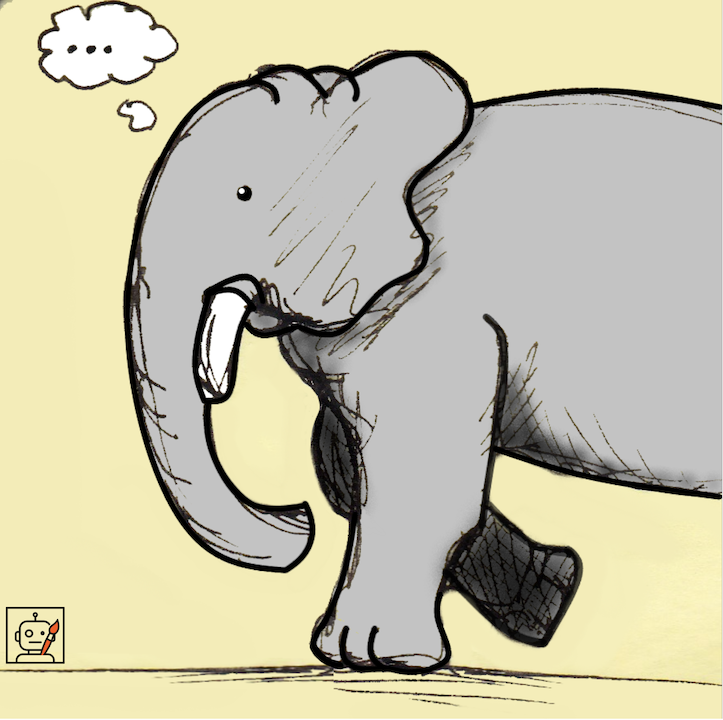 Cartoon elephant with a blank thought bubble, suggesting it forgot something, walking with one leg lifted.