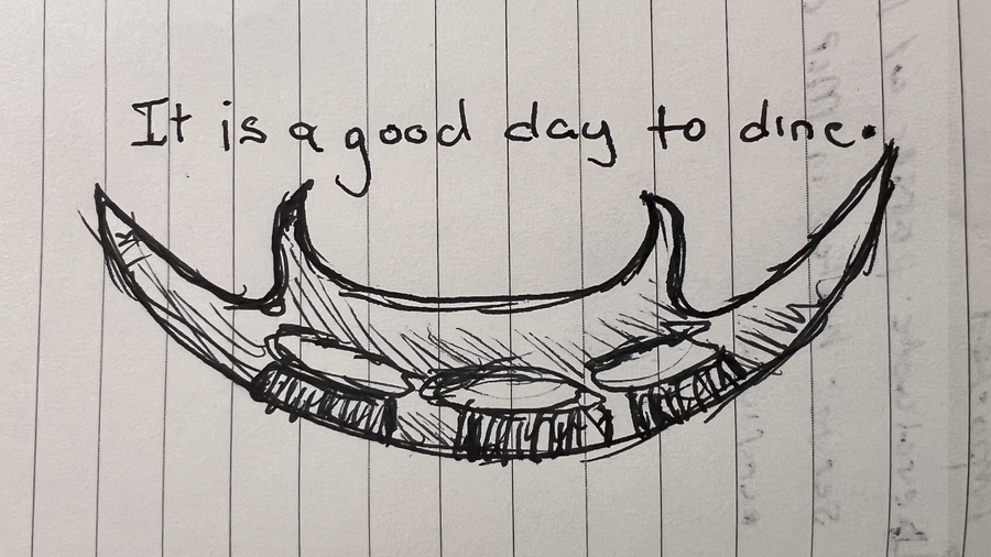 A hand-drawn Klingon bat'leth on lined paper beneath the handwritten slogan "It is a good day to dine."