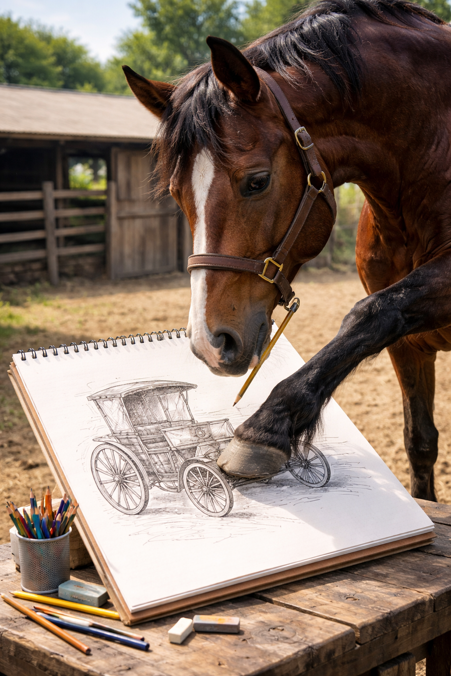 An AI-generated scene of a brown horse leaning over a sketchbook containing a detailed carriage drawing, with a pencil beside its muzzle and a hoof resting on the page.