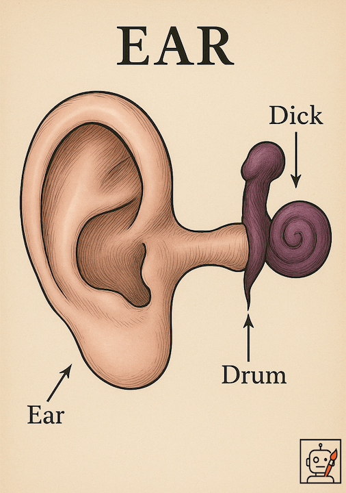 A anatomical diagram depicting a human ear, ear canal, and the inner ear phallic shaped to resemble male anatomy.