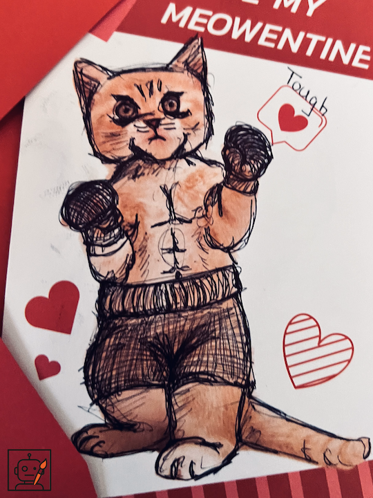 Valentine's Day card doodled with a muscular cat in boxing gloves and shorts.