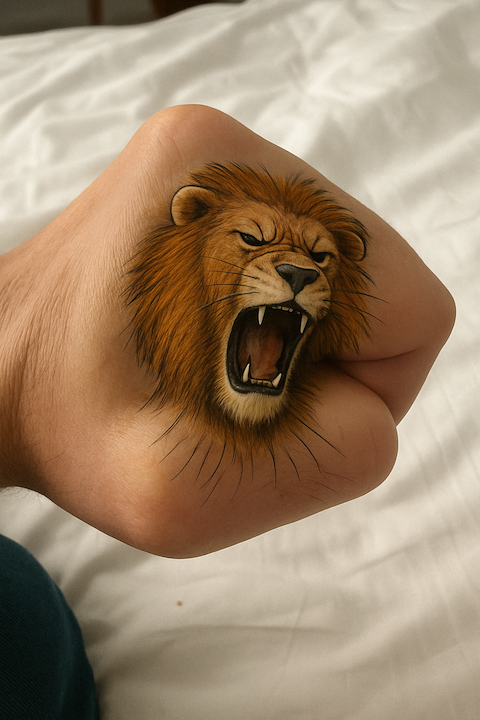 Hyper-realistic lion face seamlessly integrated into the back of a clenched fist.