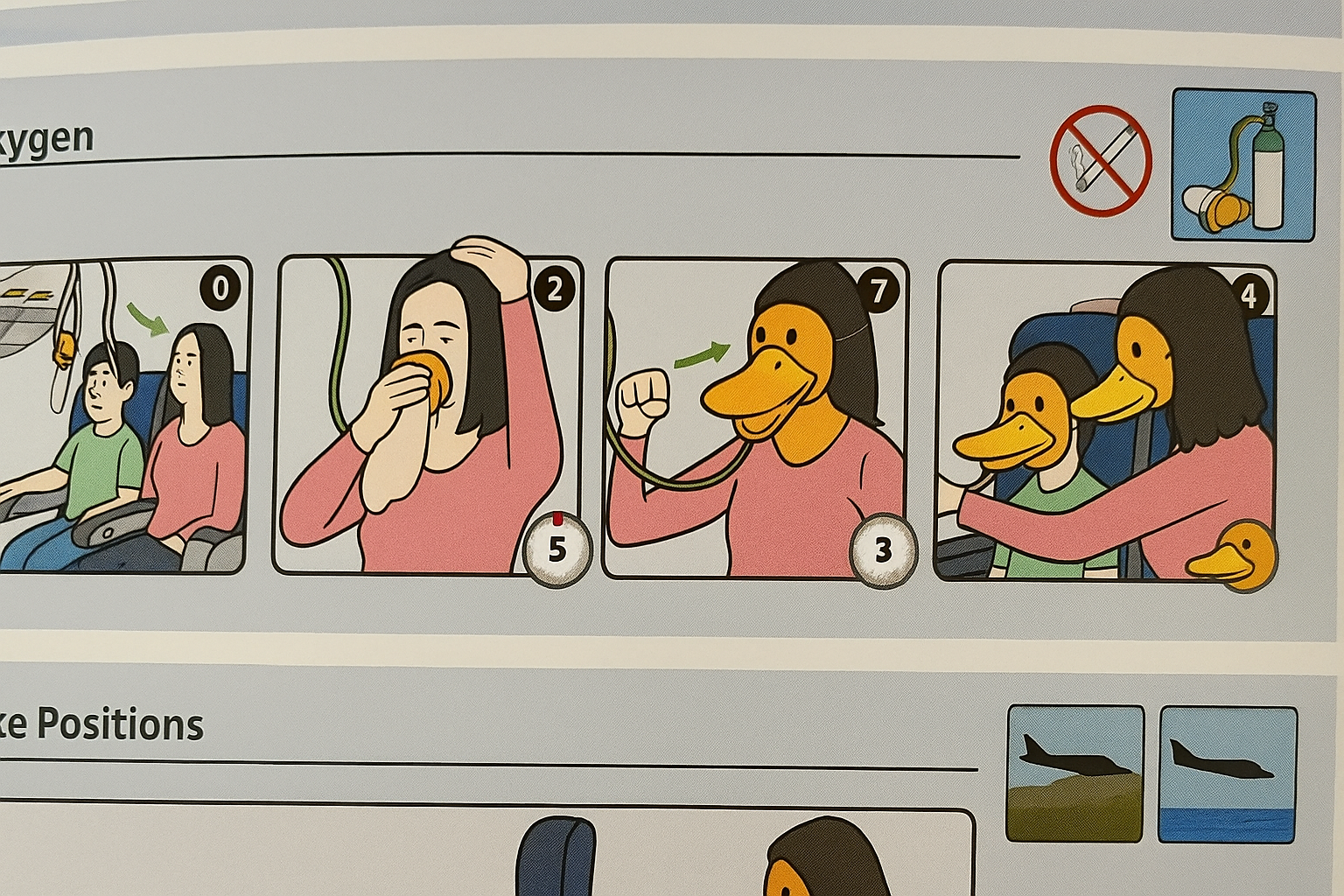 A parody of an airline oxygen mask safety diagram where the passengers transform into ducks.