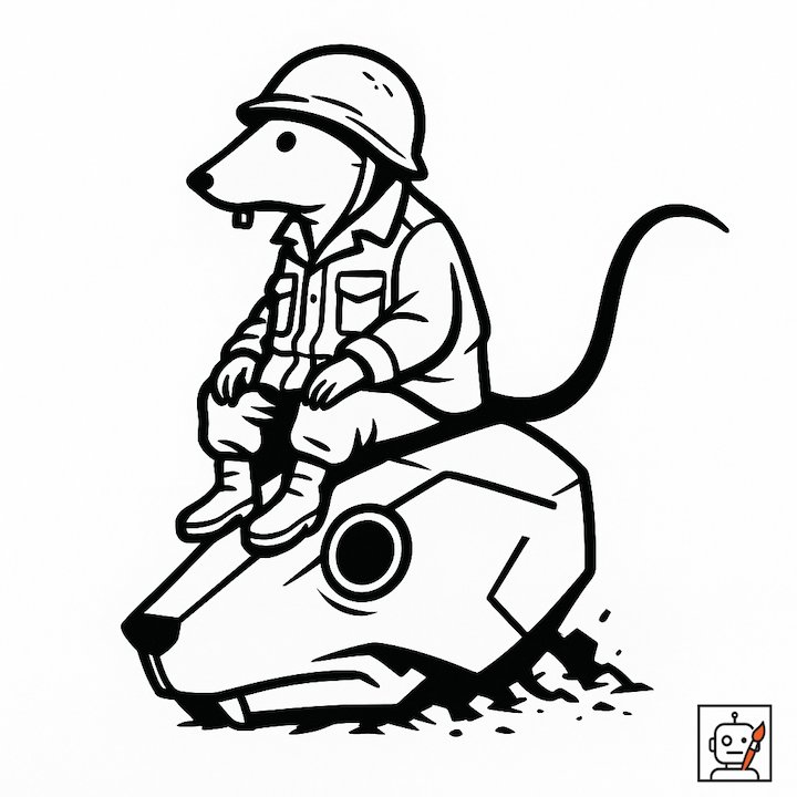 A lone rat sitting pensive atop a crumbled stone rat skull carving.