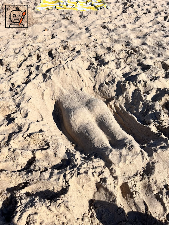 Sand sculpture of a human posterior sculpted into a beach setting.