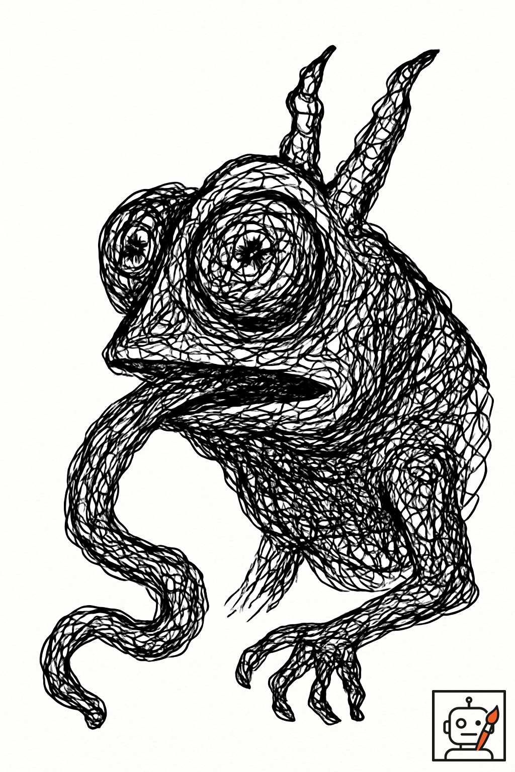 A scribbled drawing of a lizard with exceptionally long tongue.