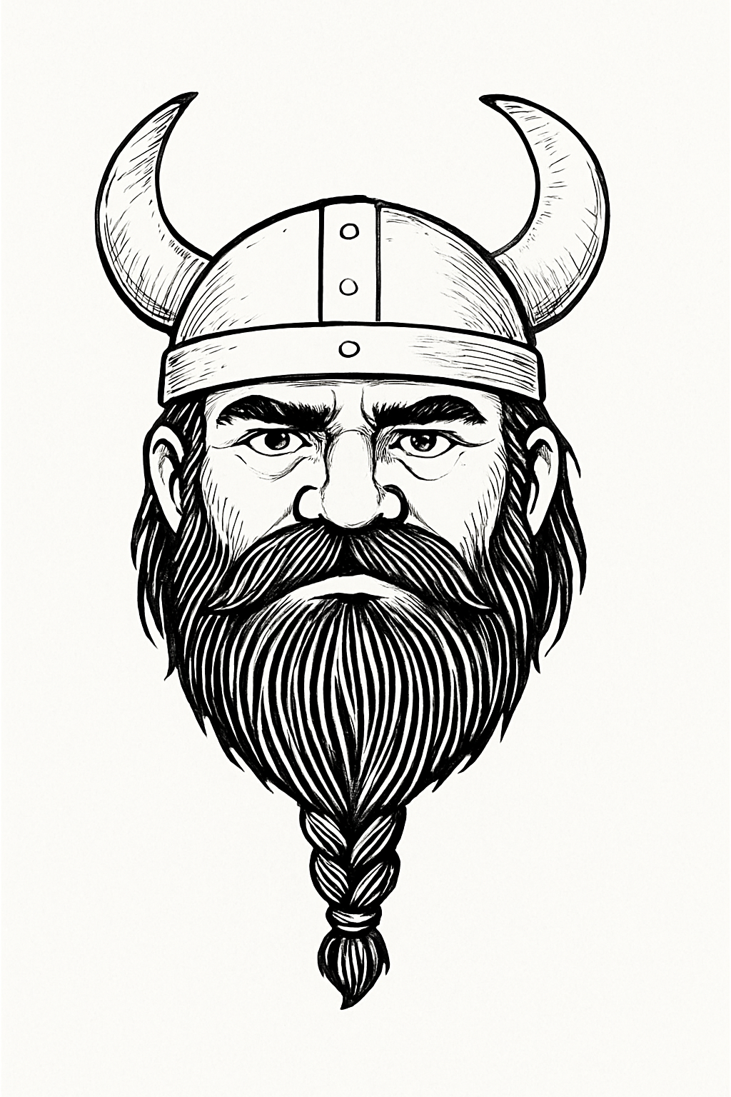 A vectorized Viking portrait with a horned helmet, heavy brows, and a long braided beard rendered in bold black lines.