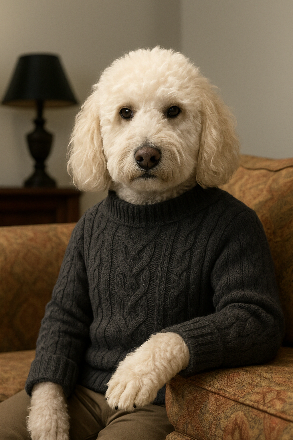 Digital portrait of Waffles--a golden doodle.