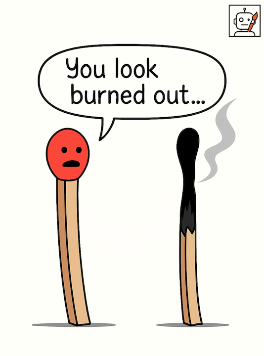 Two matchsticks standing side-by-side. One matchstick comments that the other looks burned out.